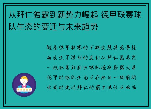 从拜仁独霸到新势力崛起 德甲联赛球队生态的变迁与未来趋势