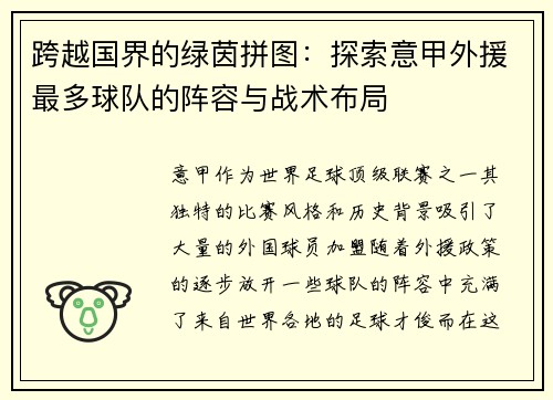 跨越国界的绿茵拼图：探索意甲外援最多球队的阵容与战术布局