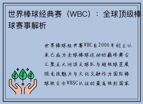 世界棒球经典赛（WBC）：全球顶级棒球赛事解析