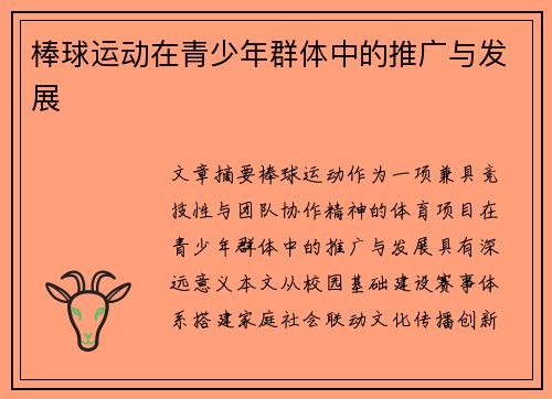 棒球运动在青少年群体中的推广与发展